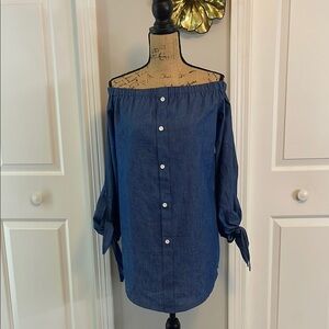 Blue Off-the-Shoulder Puff Sleeve Blouse with 3/4 Sleeve